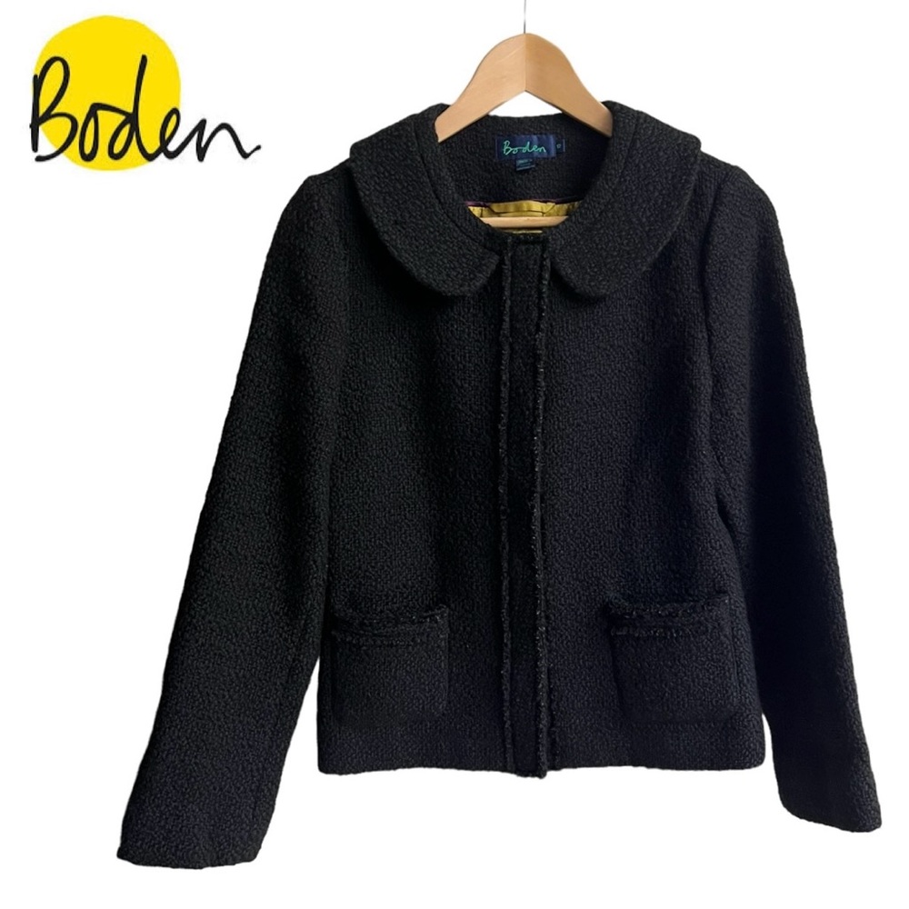 BODEN Black Boucle 100% Wool Jacket Peter Pan Collar Size 10 Lined Snaps Pockets